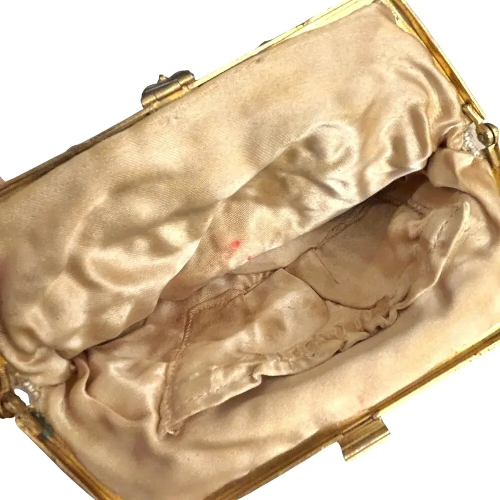 Vintage 1940s 1950s Beaded Evening Purse Gold Frame Chain Floral Bridal Bag